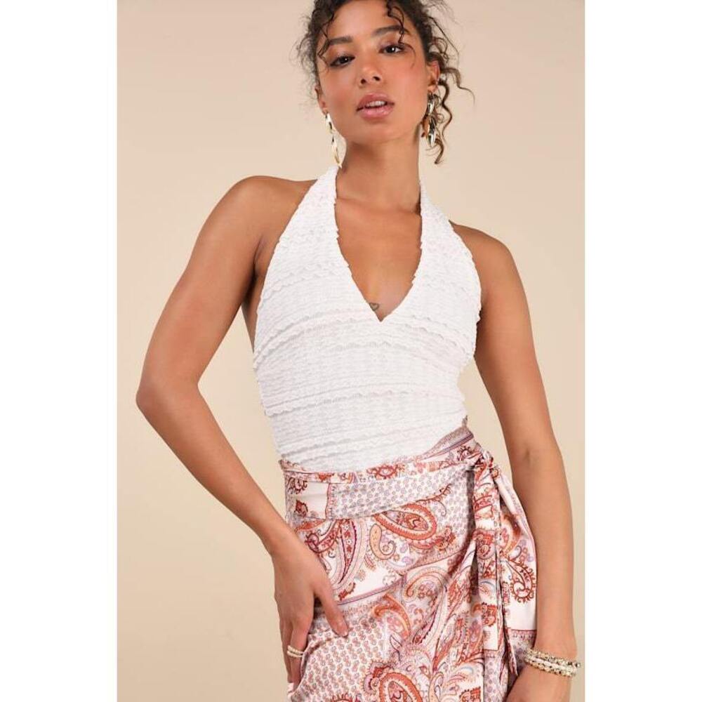 Lulus Lorna White Lace Halter Neck Bodysuit - Size M